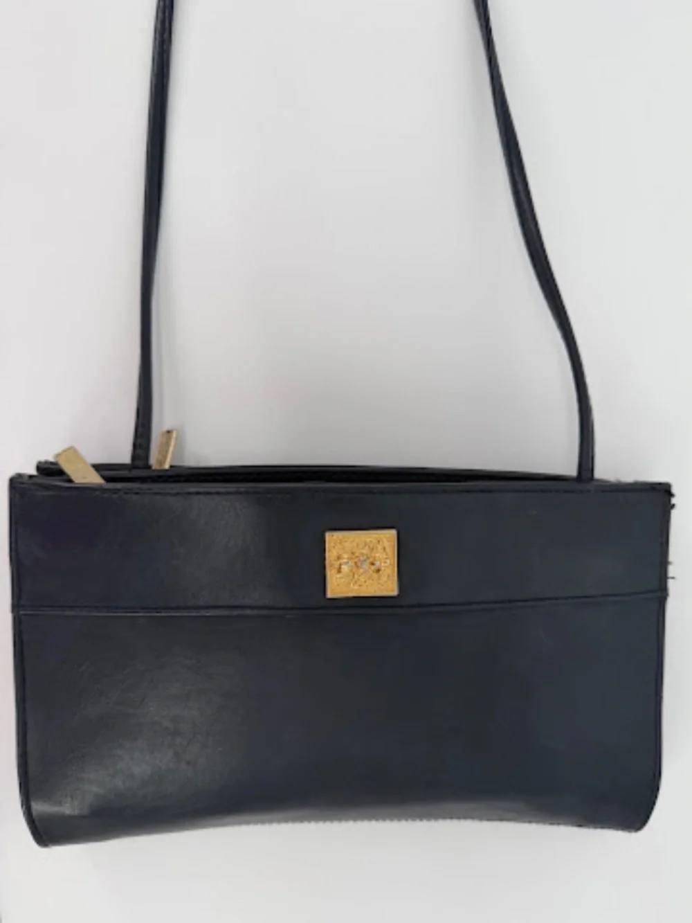 Vintage Dark Navy Blue Faux Leather Gold Crest Crossbody Shoulder Bag